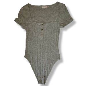SO Gray Square Neck Henley Short Sleeve Casual Neutral Bodysuit